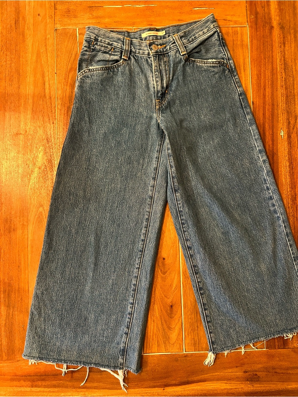 Levis 94 Baggy Wide Leg Jeans Womens 25 Blue Denim High Waist Cropped Raw Hem
